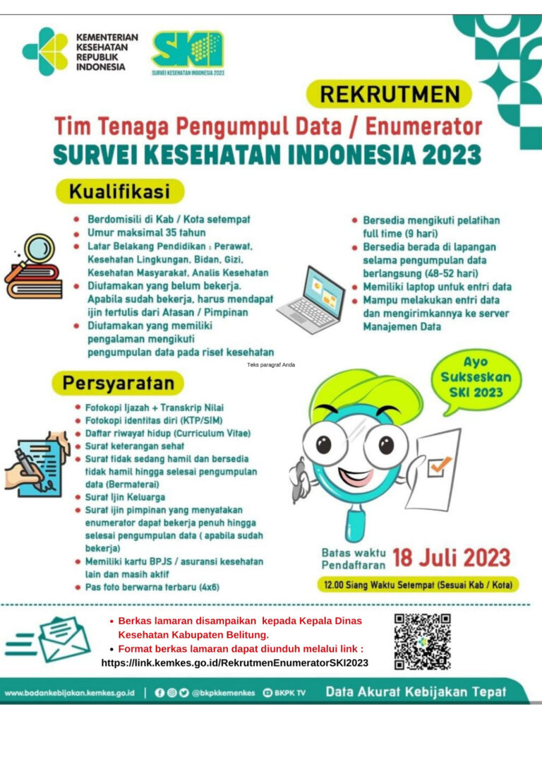 Rekrutmen Enumerator Survey Kesehatan Indonesia 2023 – Dinas Kesehatan ...